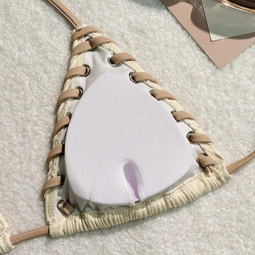 Sexy Triangle Bikini Set New Solid Color Textured Ribbed Halter Lace Up Tie Side Summer Beach Vacation Ins Fashion Swimwear