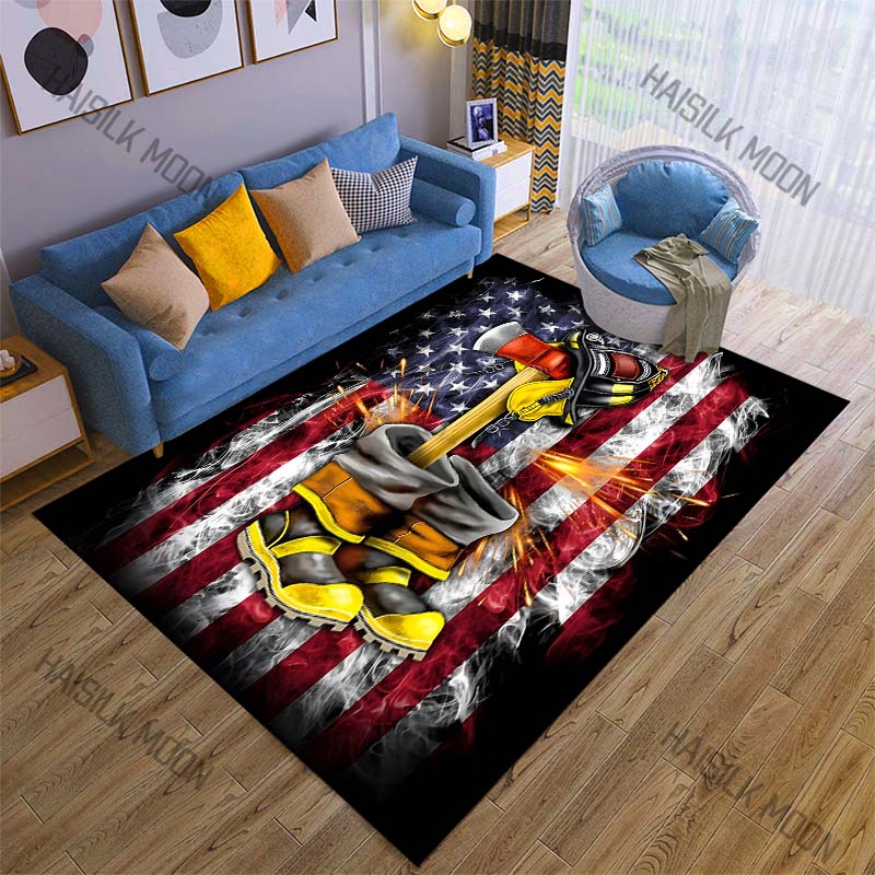 1PC Firefighter helmet axe boots American flag Carpet for Living Room Bedroom Sofa Home Decor Rus Non-slip Floor Mat Luxury Gift