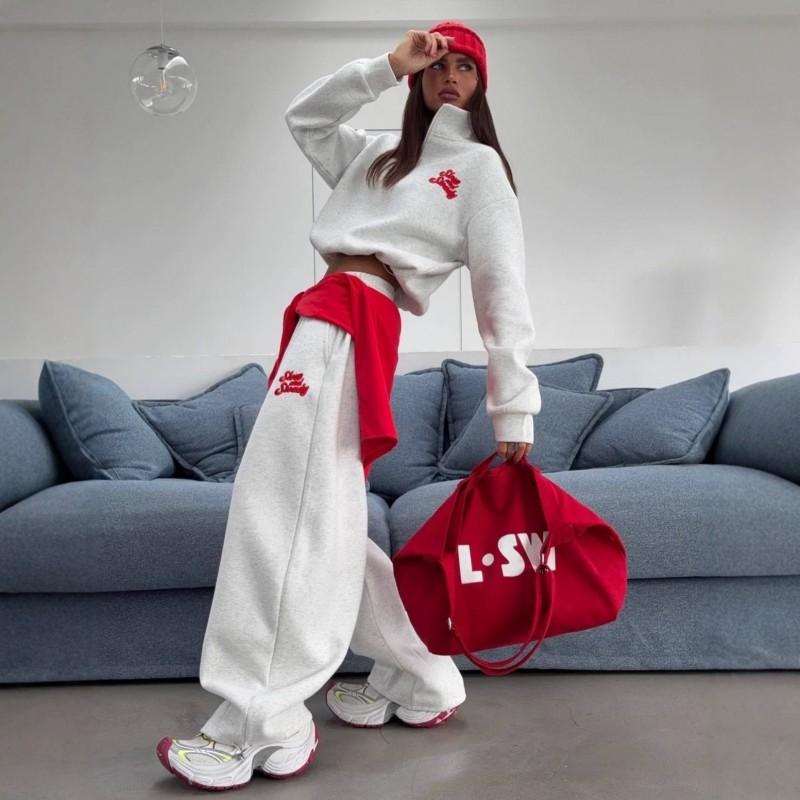 Damen Vintage Sportlicher Halbreißverschluss Hoodie Gerade Hosen Schweißhosen Set Streetwear 2-teilig