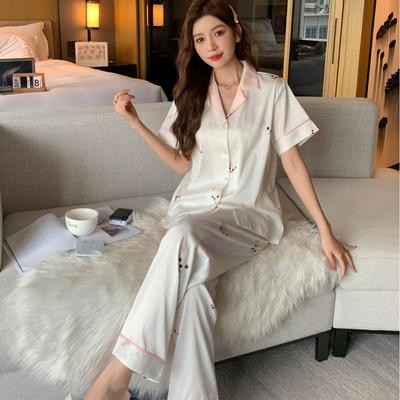 Women's Summer Comfortable Ice Silk Loungewear Set 2 Piece Short Sleeve Long Pants Pajamas Set Casual Printed Homewear