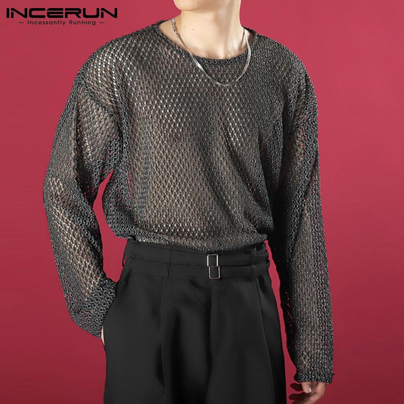 INCERUN Sommer Transparent Sexy Shirts Herrenmode Tragen Oansatz Mesh Tops Lange Ärmeln Party Schlank Aushöhlen Shirts S-5XL
