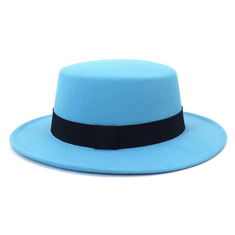 Autumn Winter Korean Version Flat-Top British Style Solid Color Top Hat Gentleman'S Jazz Hat Wide-Brimmed Flat-Brimmed Woolen Hats For Men And Women
