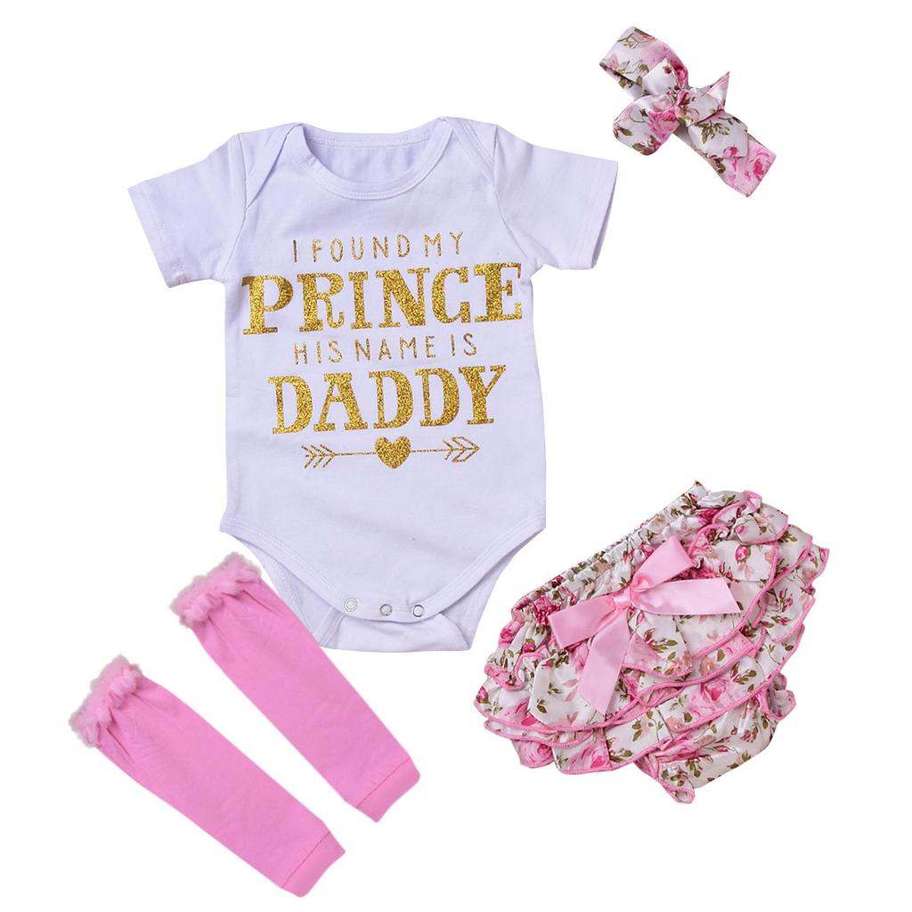 Girls Bronzing Letter Short-sleeved Top + Floral Pants + Foot Cover + Headgear Set (4-piece Set)
