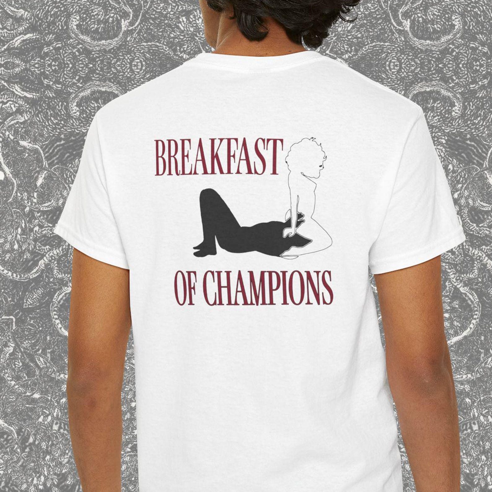 Funny Breakfast of Champions Back Print Adult Shirt Gift, Couples Joke Gift, Witty Humor, Trendy Graphic T-Shirt, Witty Humor Adult Outfit 4XL