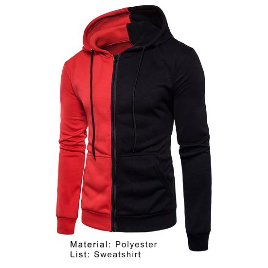 Hooded Zipper Closure Men Jacket Patchwork Long Sleeve Drawstring Side Pockets Sweatshirt Male Clothing