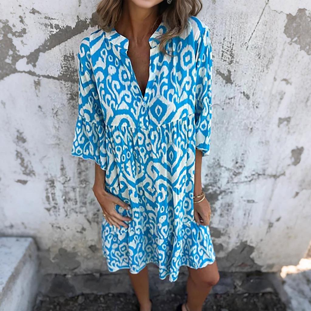 Women's Fashionable V-neck Fresh Printed Temperament Five Quarter Sleeve Dress