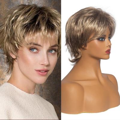 Women Blonde Brown Short Curly Synthetic Wigs Natural Hair Wigs Heat Resistant Hair Wig for Ladies Daily Use Cosplay