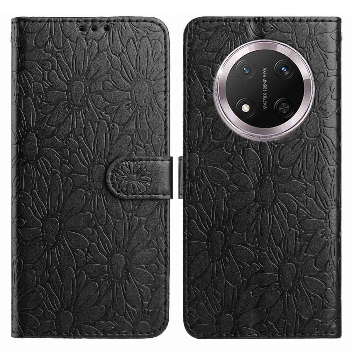 

For Honor X9c 5G Leather Case Daisy Imprint Wallet Stand Phone Protective Cover Black