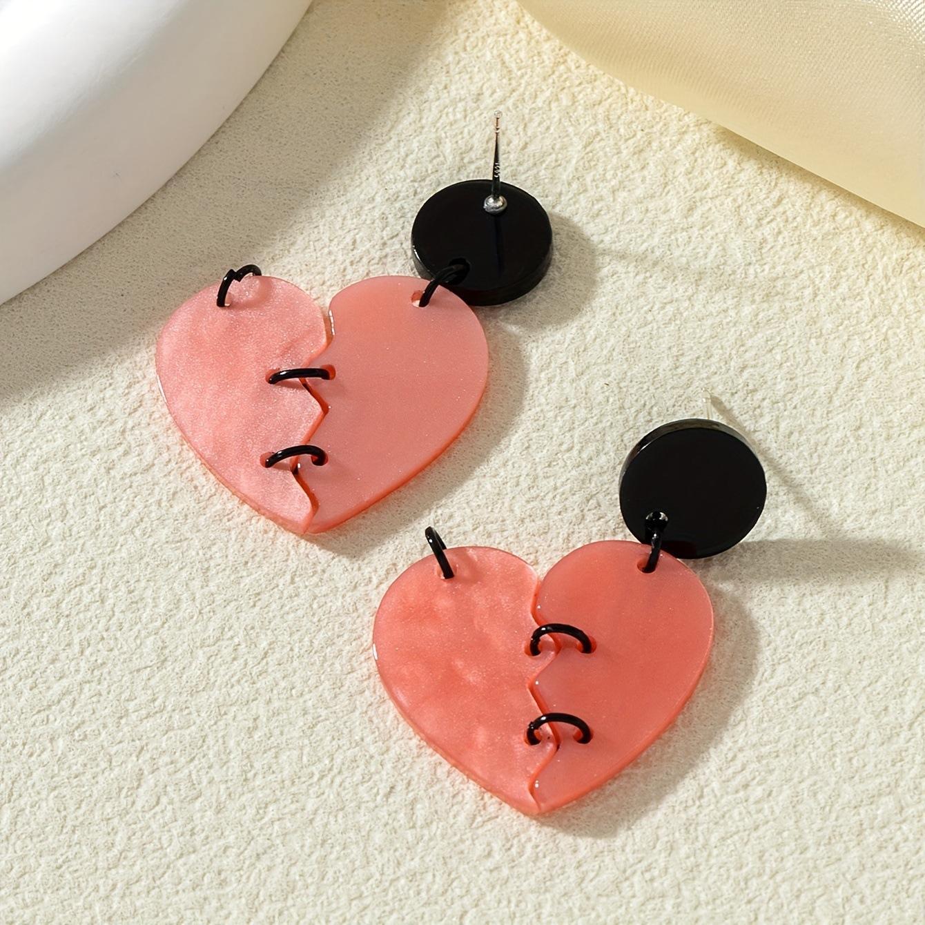 Stitched Heart Personality Niche Sweet Cool Girlfriend Punk Love Hottie Stud Earrings Sex Niche Sweet Cool Black Pink Contrast
