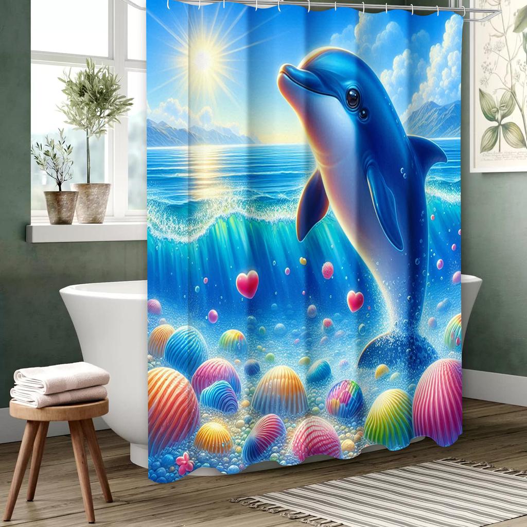 Dolphin In Wave Bathing Curtain  Bathroom Shower Curtain Waterproof With 12 Hooks Home Deco Free Ship