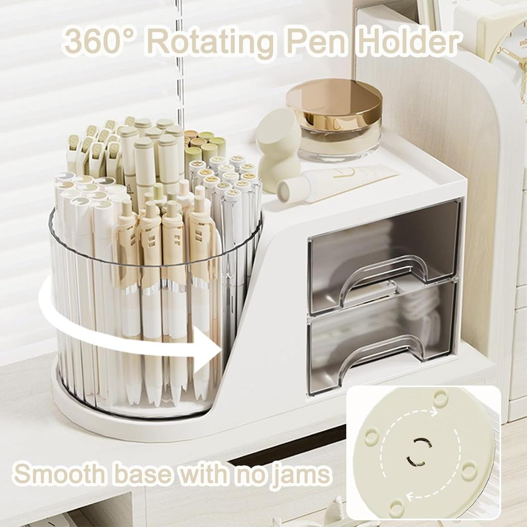 SAYEEC Rotating Desk Organizer with 2 Drawer 6 Slots Multi-Functional Pencil Pen Holder Desktop Makeup Organizer Stationery Accessories Storage Box