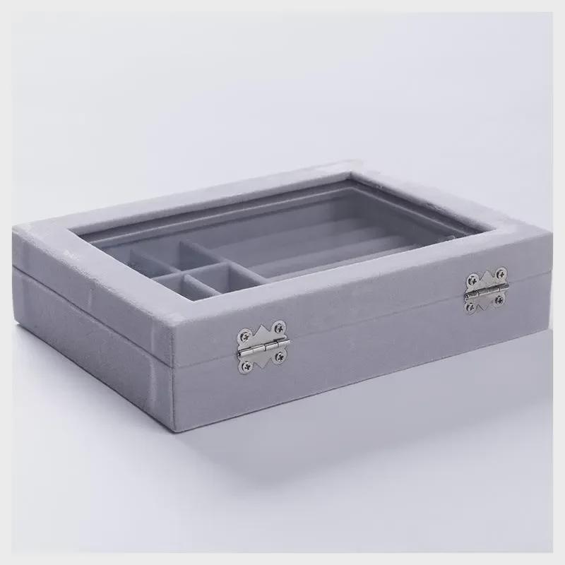 Pink Flocked Portable Jewelry Box with Lid - 316-Grit Dustproof Glass Ring & Earring Display