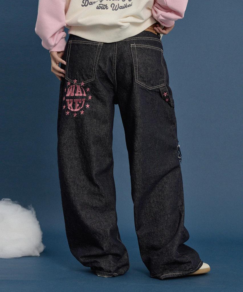 WAIKEI Star Applique Embroidery Denim Pants Indigo Blue