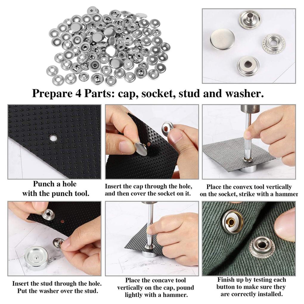 100 Stück 15 mm Canvas-Druckknopf-Set, Marine-Qualität, Druckknöpfe aus Edelstahl zum Nähen von Bootsabdeckungen, Leder, Kleidung, Zelten