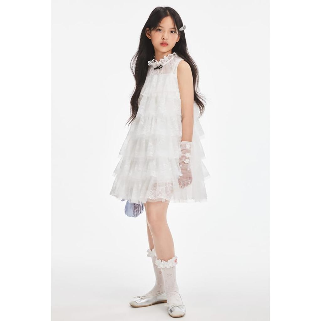 Barry Banny White Tulle Floral Lace Summer Princess Perfect for Entrance and Size 140cm Girls' Dress, Multi-Layer Style, Recitals, Weddings,