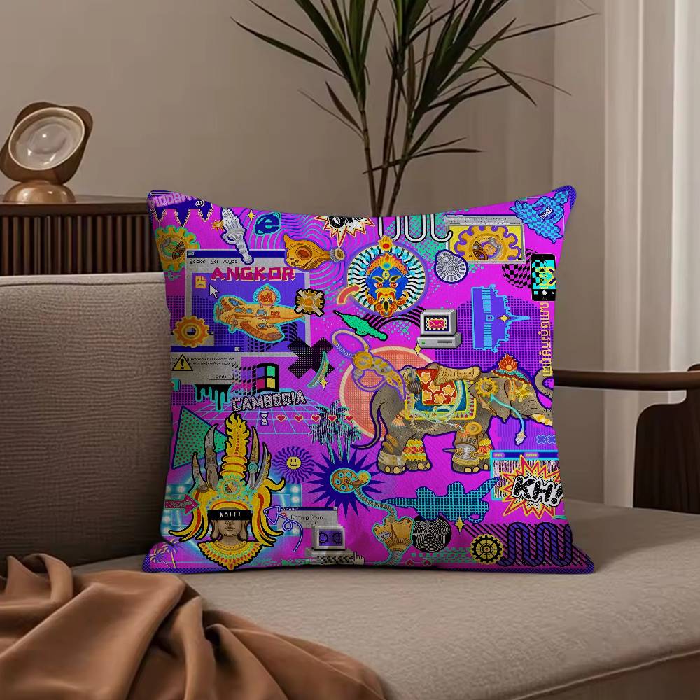 Cambodian Buddha Image Printing Pillow Case Anti-dustmite Pillowcase Invisible Zipper Silky Short Plush Sofa Cushion Cover