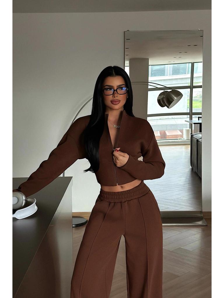 European Casual Women's Sexy Zipper Cardigan & Lace-Up Pants Set - Spring/Autumn Wear