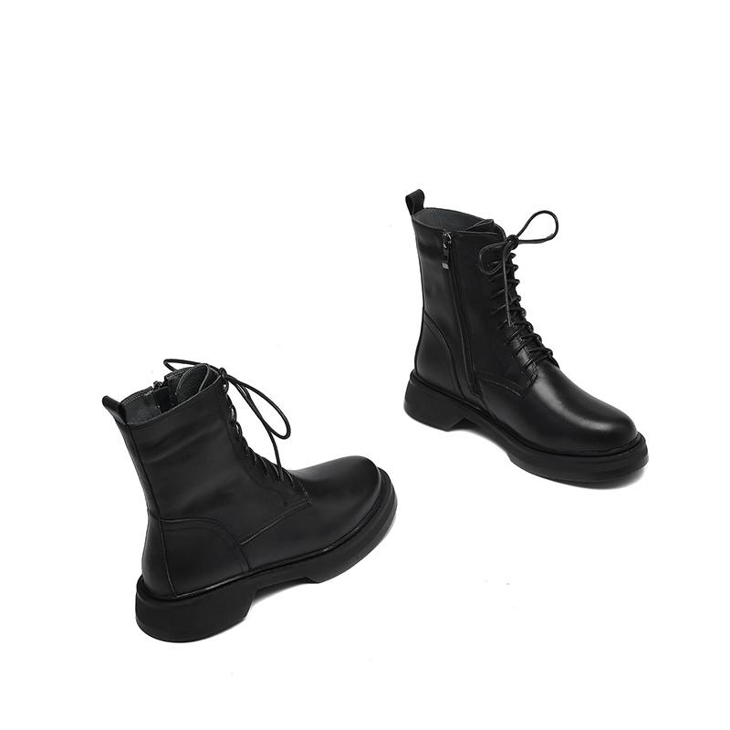 Krazing Pot Cow Skin Natural Fur Autumn Winter Shoes Thick Heels Western Boots Round Toe Keep Warm Lace Up Ankle Boots