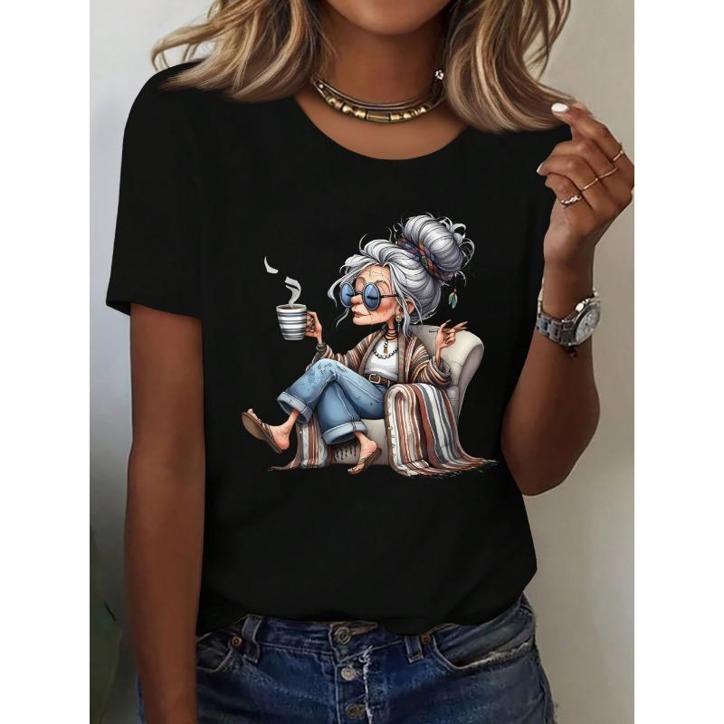 Elegant Granny Graphic Print Women's Summer Casual Short Sleeved T-Shirt Cute Playful Round Neck Tees Top Casual Woman Clothes