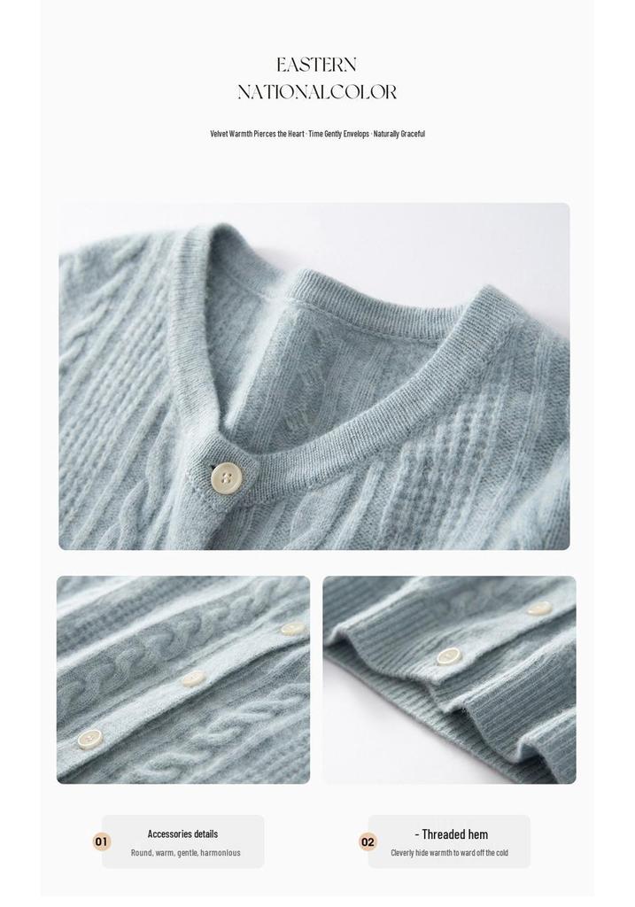 Women's Cashmere Round Neck Knit Cardigan - Autumn/Winter Retro Cable Design