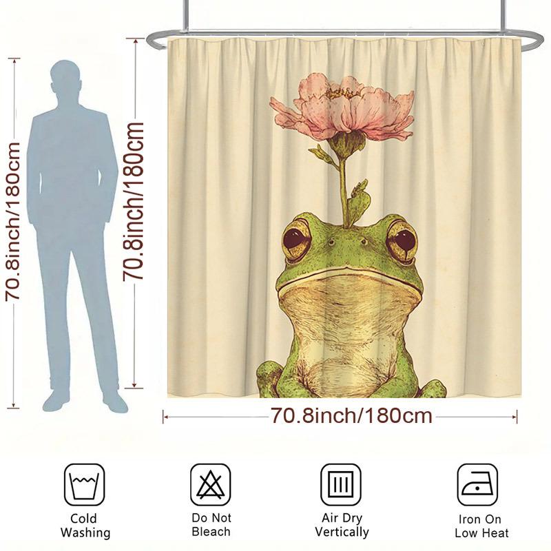 1pc Vintage Green Frog & Pink Flower Shower Curtain - Hand-Drawn Polyester,  Whimsical Design for Modern Bathrooms