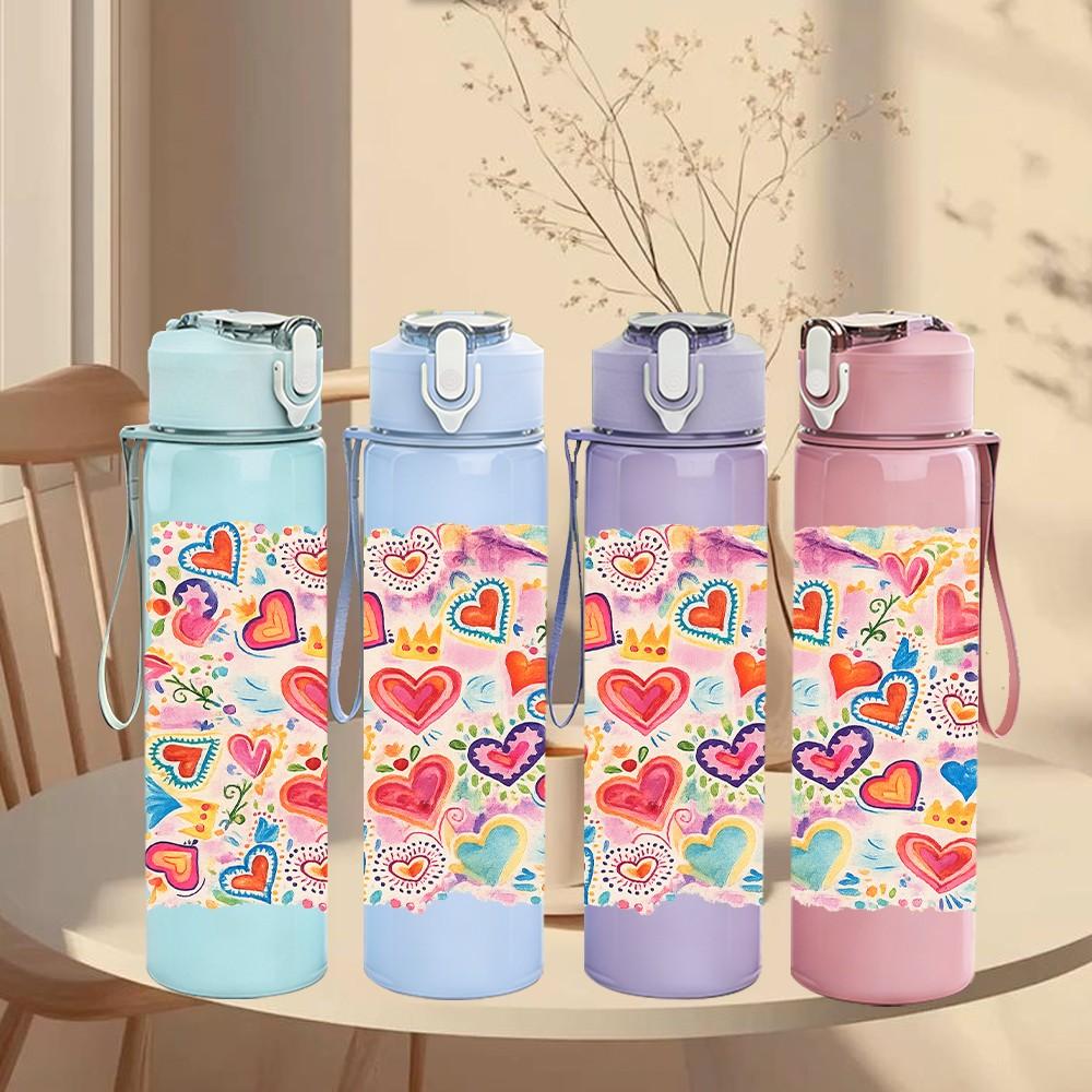 1PC Heart Love Seamless Pattern Print 750ml Color Plastic Sports Water Bottle Leakproof Flip Straw Lid Suitable for Sports Office Home Use