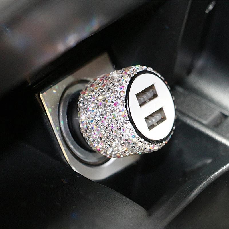 USB Car Charger Pink Crystal Diamond 5V 2.1A Dual Port Fast Charging Adapter 3 in 1 Charging Cable for IPhone Samsung Huawei