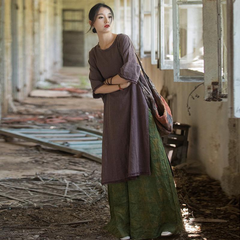 Frühling/Sommer Damen Baumwolle Leinen Fünf-Ärmel Ramie Zen Kleid