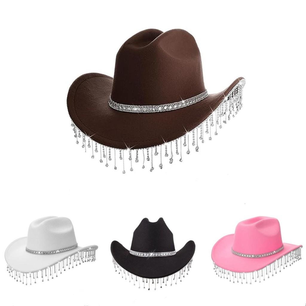 Western Cowgirl Hat With Rhinestone Tassel Decoration And Large Brim For Summer Outdoor Fashion