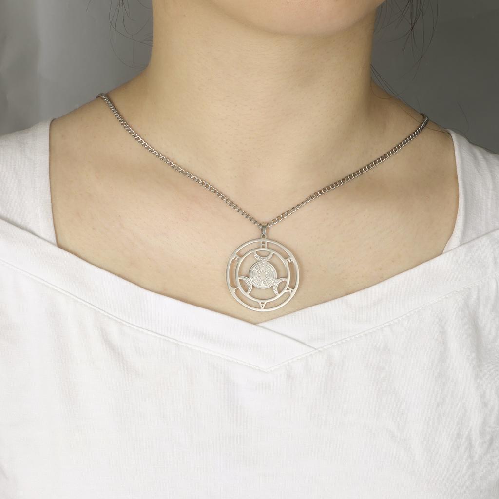 Dreamtime Wheel of Hecate Symbol Triple Moon Goddess Pendant Necklace for Women Men Stainless Steel Pagan Goddess Wiccan Jewelry