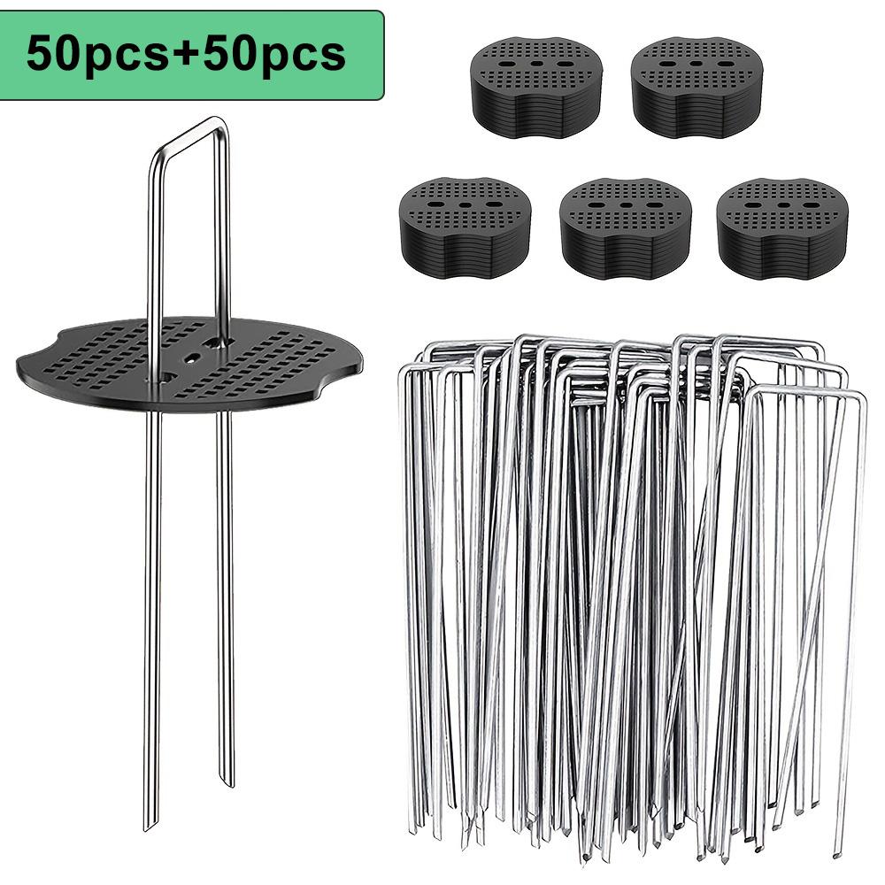 

50 U-образных грунтовых колышков для защиты от травы толщиной 2,5 мм и 50 шайб для фиксации садовых гвоздей, покрывающих ландшафт