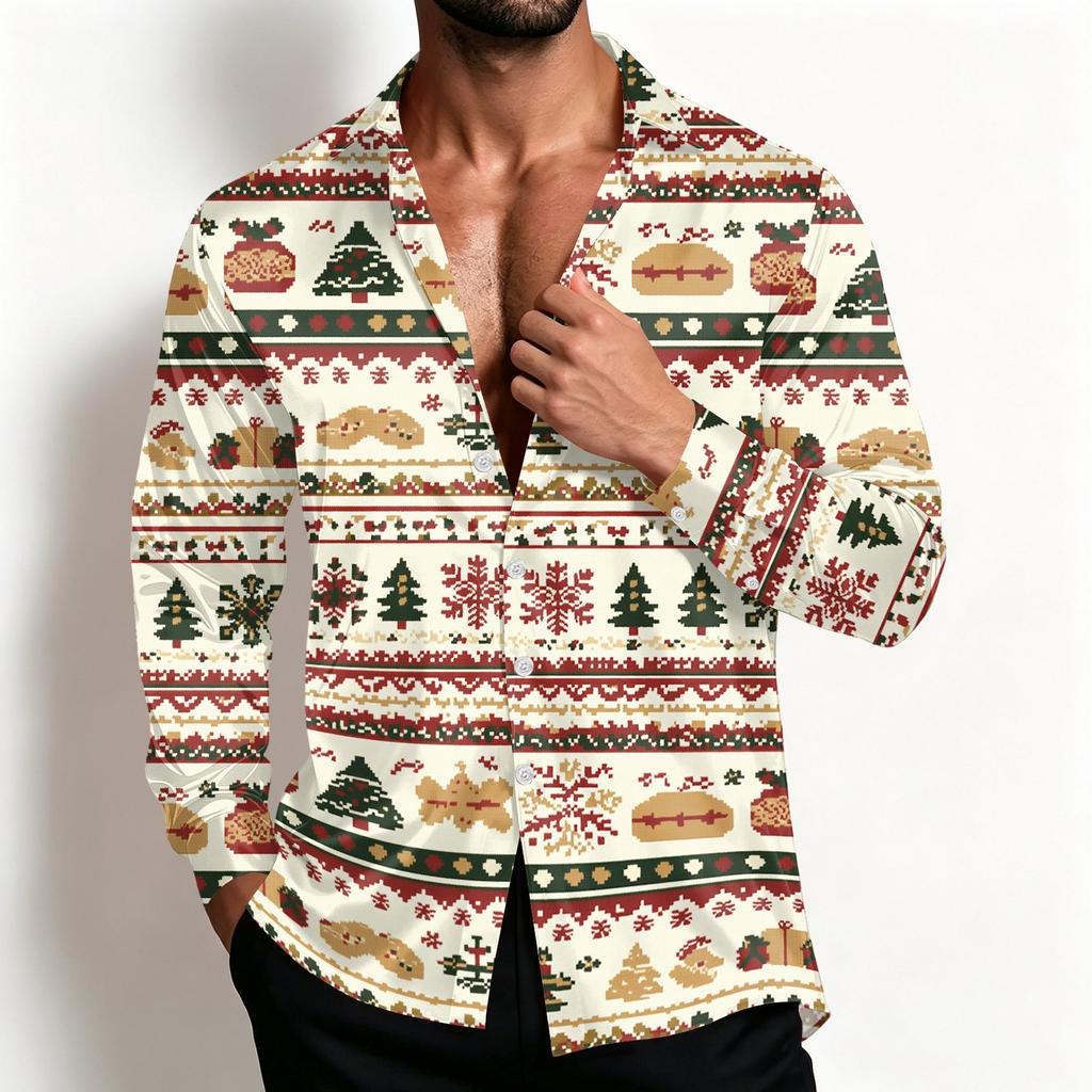 Men's Casual Christmas Shirt Jacket with Turn-Down Collar, Loose Fit, Breathable for Spring and Fall