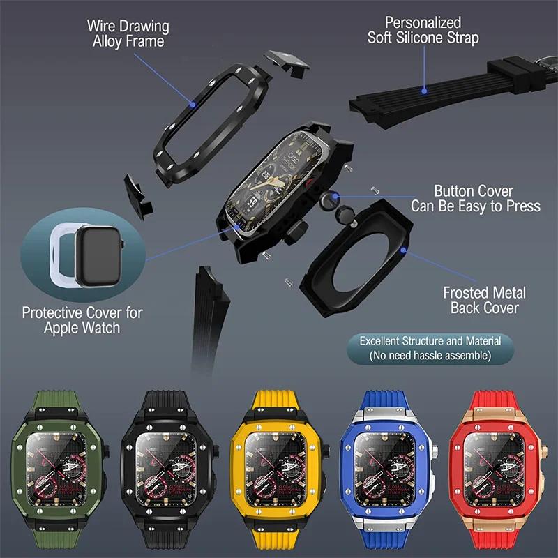 Paslanmaz Çelik Kasa+Kauçuk Kayış IWatch 9 45mm 44MM için Silikon Bant Modifikasyon Kiti Apple Watch Serisi 9 6 5 4 SE 8 7 45 için