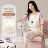 Women's Summer Short Sleeve Pajama Set - 95% Pure Cotton, Three-Quarter Pants, with Chest Pads and Teen Girl Cartoon Design for a Cool Feeling.