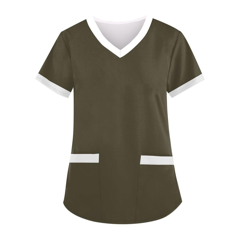 Imbracaminte de lucru pentru dama, cu decolteu in V, maneca scurta, cu buzunare Topuri imprimate