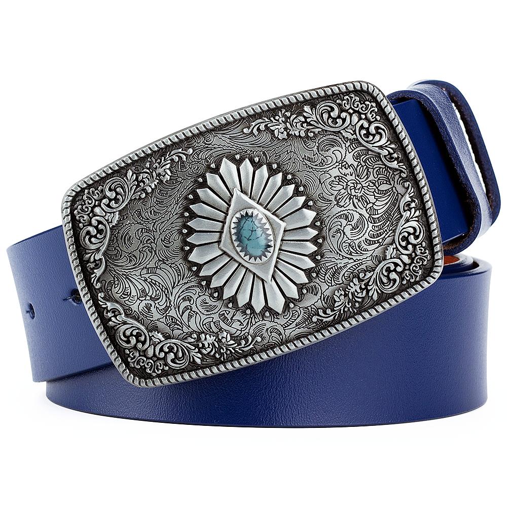 Classical Silver Carved Flower Pattern Buckle Enamel Sapphire Genuine Leather Belt For Women Men Belts Gift