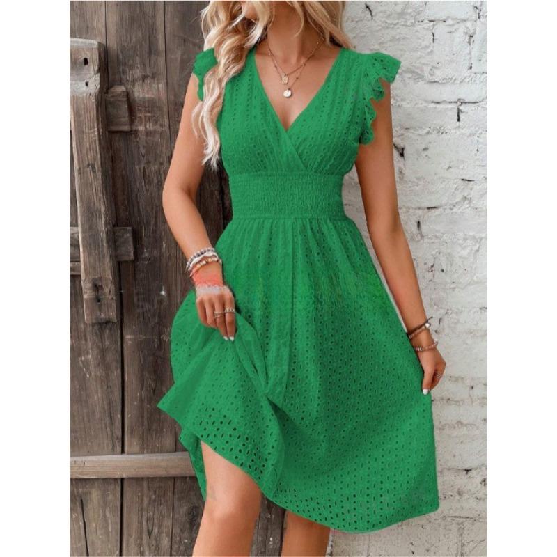 Women's V Neck Ruffle Cap Sleeve Eyelet Embroidery Smocked Waist A Line Midi Dress Solid Color Summer Beach Casual Dress