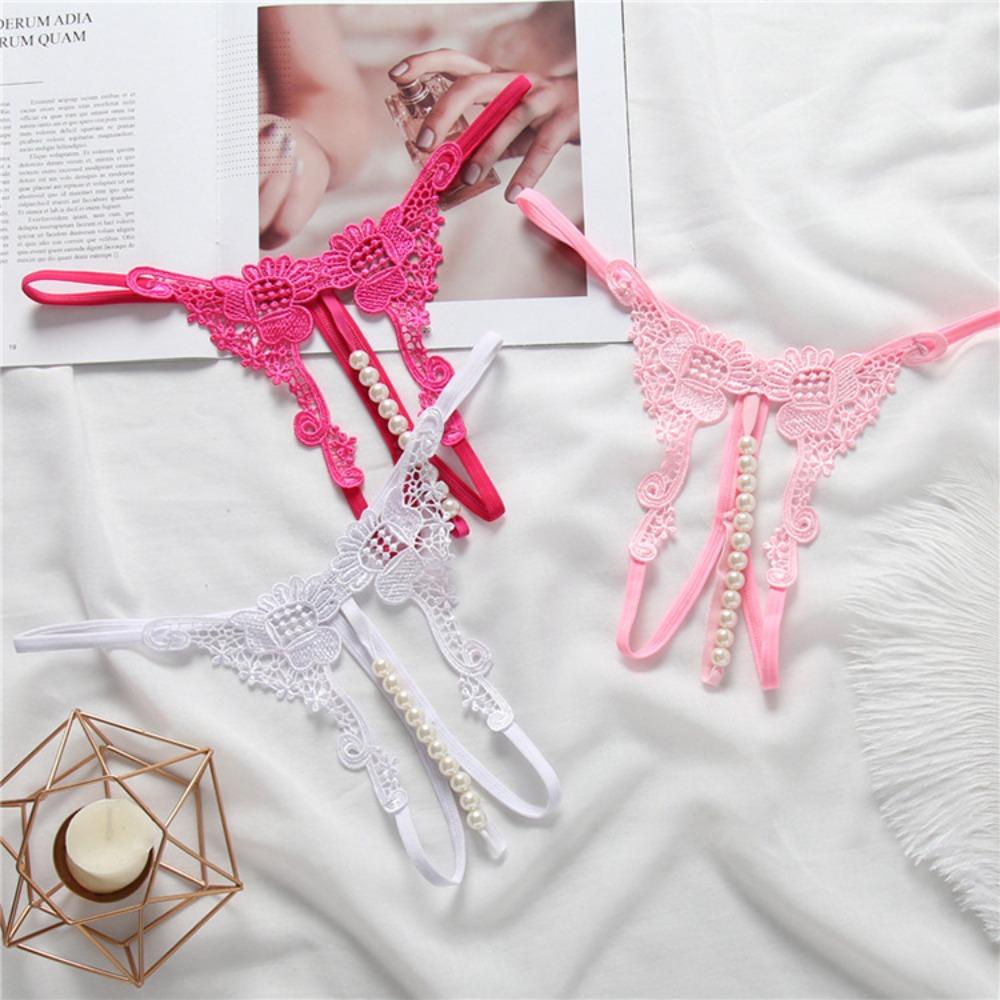 Sexy Fashion Embroidered Panties, Women's Transparent Seduction Hollow Pearl Massage Open-file Thong Low-rise T-pants
