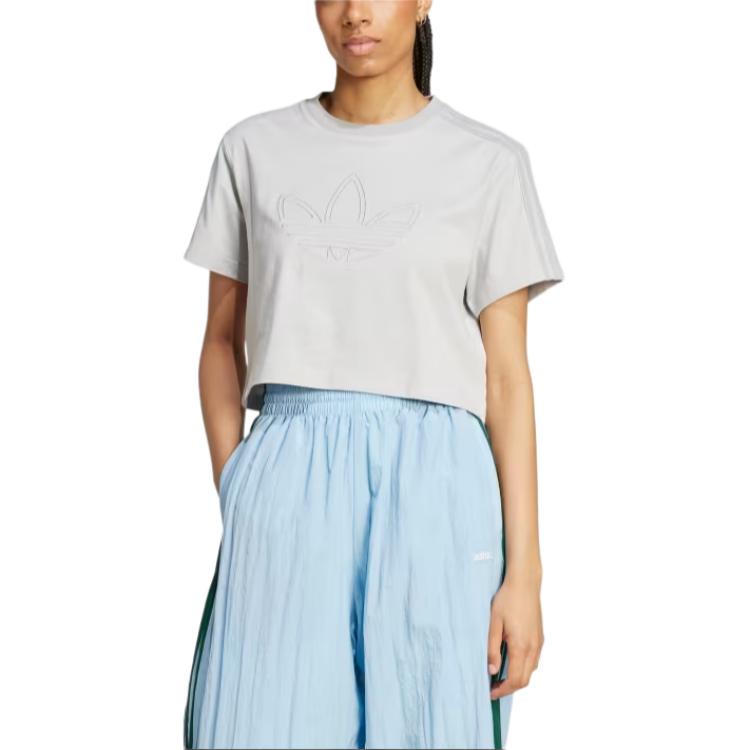 adidas Originals Firebird Cotton Loose Fit Striped T-Shirt Women Tops Gray IY9505