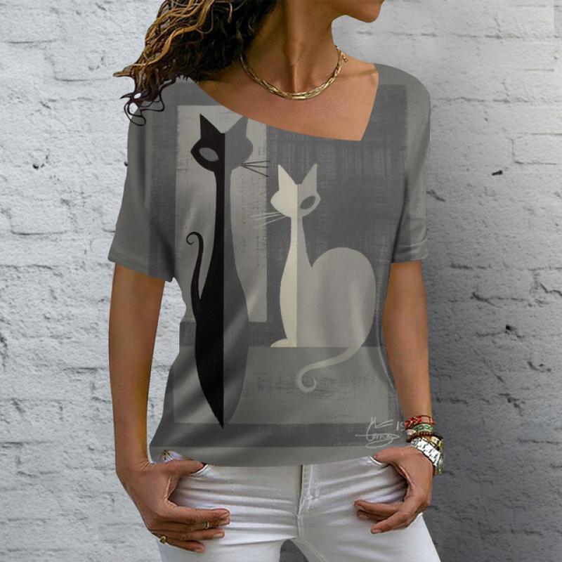 

Женская футболка с рисунком кота в стиле аниме, одежда для отдыха, летние футболки с v-образным вырезом и короткими рукавами, женская уличная одежда в стиле Харадзюку, блузка большого размера XL
