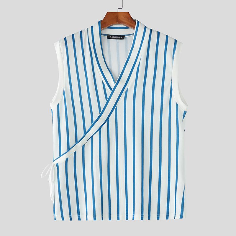INCERUN Letní pánská tílka s výstřihem do V, bez rukávů, se šněrováním na boku, s pruhovaným potiskem, ležérní