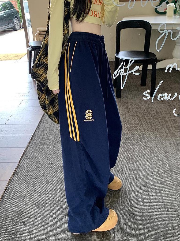 Women's Navy Three-Stripe Wide-Leg Track Pants - Spring/Autumn Casual Loose Fit