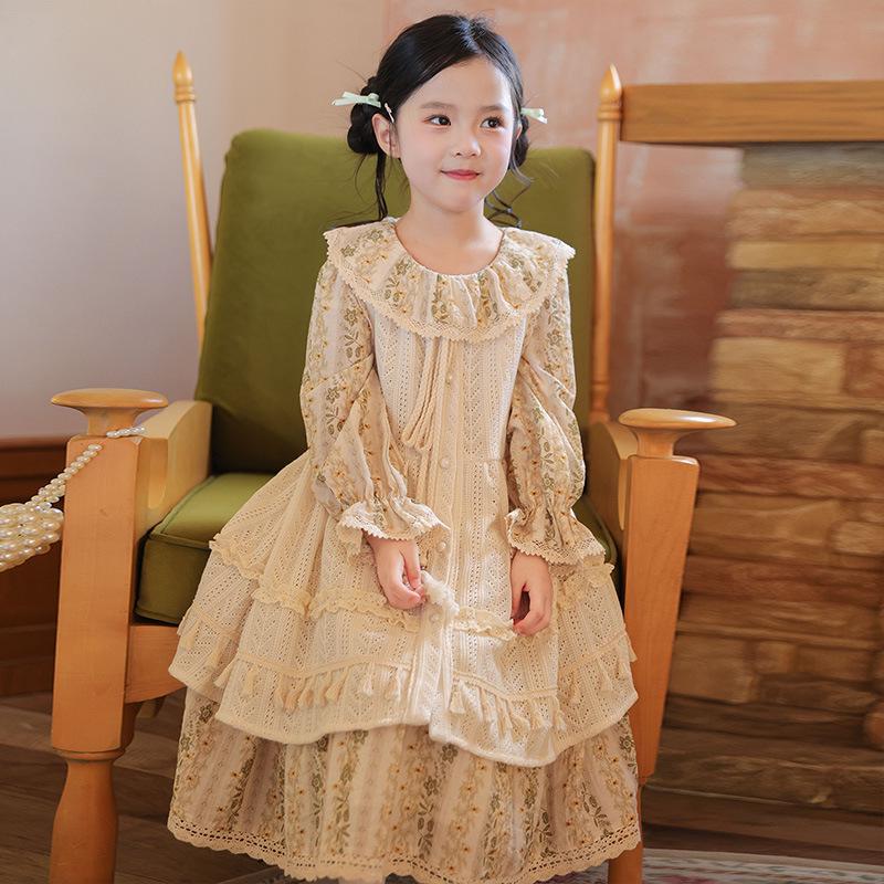 

2025 Autumn Pastoral Lace Princess Dress for Girls - Long-Sleeve Turn-Down Collar 140 cm