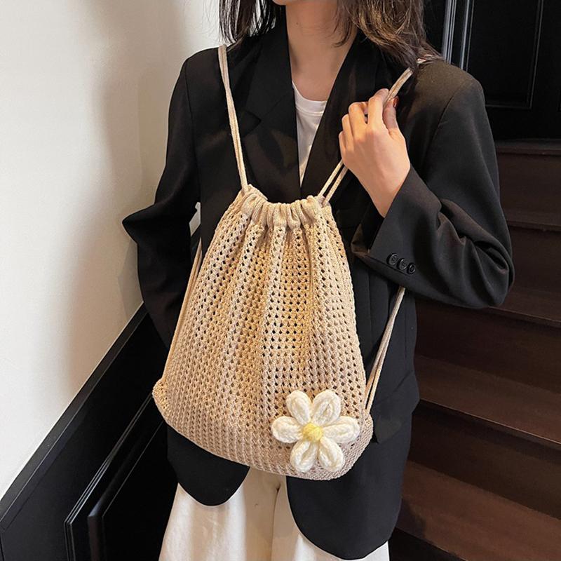 Yogodlns Fashion Solid Color Floral Decor Crochet Shoulder Bag Woven Women Beach Holiday Bucket Hollow Out Large Capacity  Backpack