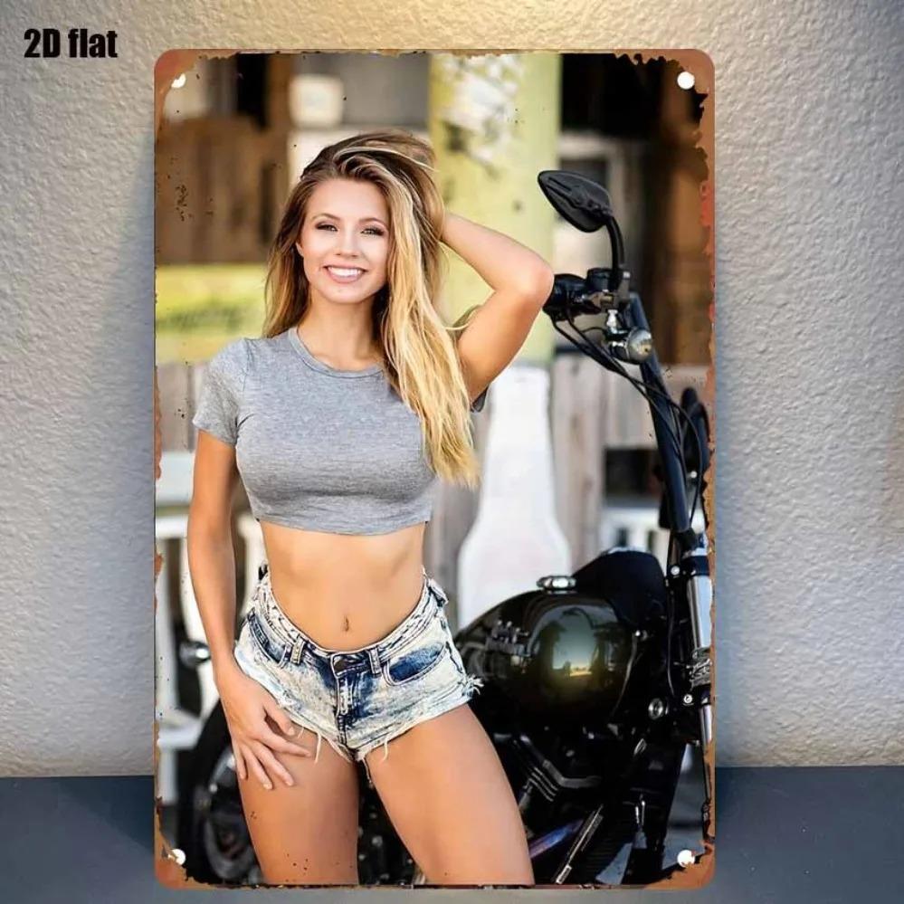 HD Tin Sign Biker Girl Motorcycle Vintage Metal Wall Art Decor for Garage Bar Man Cave Home