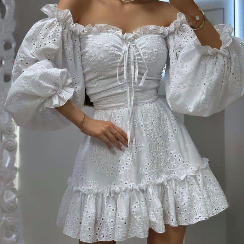 

Fairy Style Slim White Dress French style Palace Style Pure Desire off-Shoulder off-Shoulder Lantern Sleeve Vacation Embroidery Dress White Embroider L