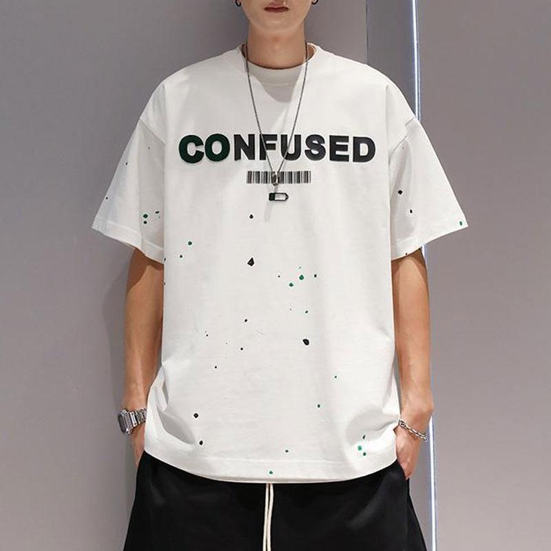 

Summer Letter Printed Loose T-shirts Basic Men s Clothing Young Style O-Neck Casual Short Sleeve Stylish Hand-Painted Pullovers L білий