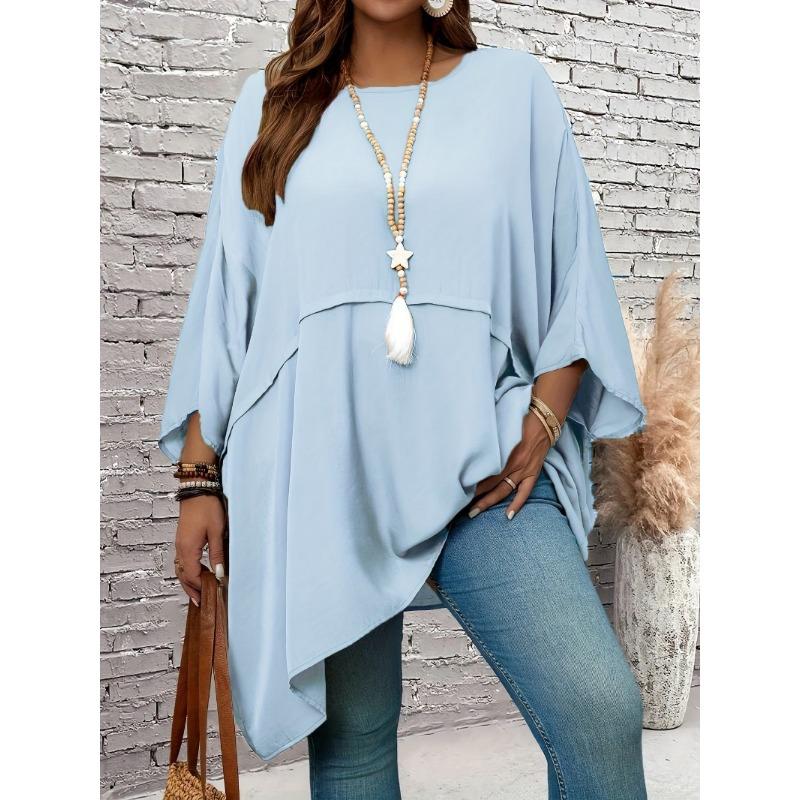 New Large Size Spring/Summer Loose Batman T-shirt Top Round Neck Fashion Casual Blouse Solid Color Irregular Elegant Shirts Loose Simple Long Tops