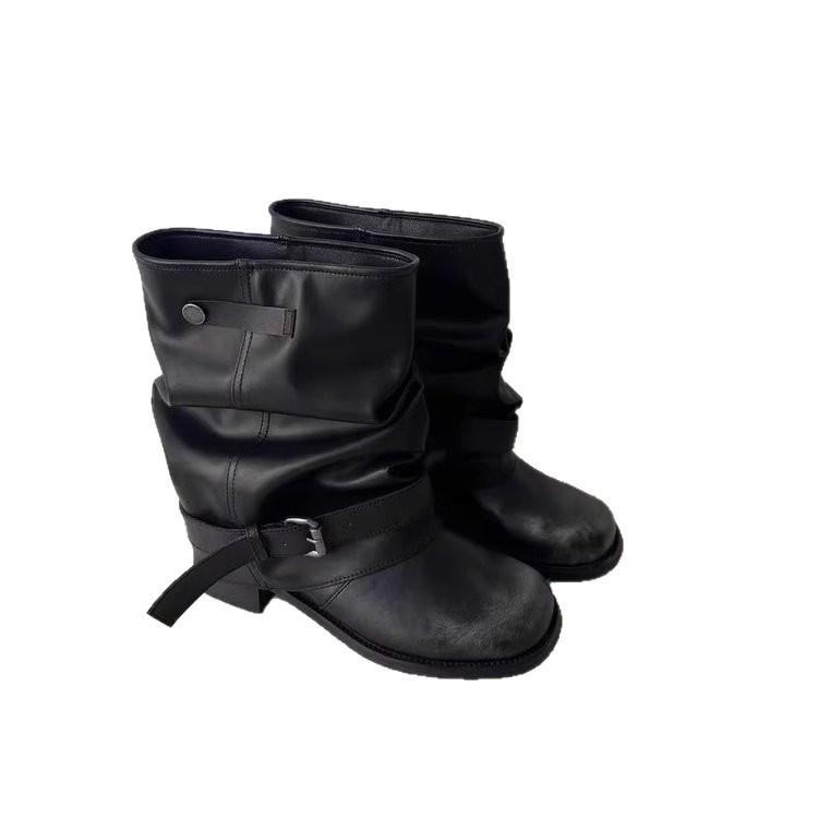 Western cowboy boots women's 2025 summer new pleated pile black round head retro leather thick heel knight boots women