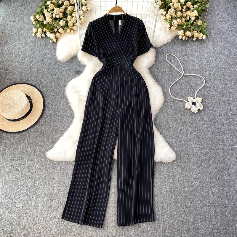 

Holiday V Neck Vertical Stripes Long High Waist Jumpsuit Black XXL